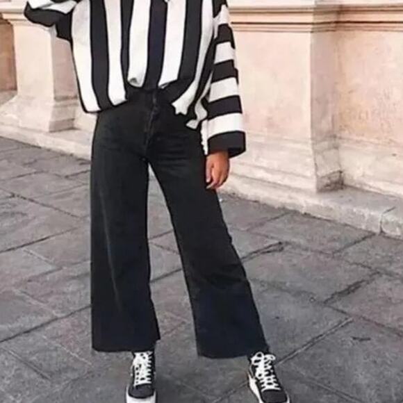 Zara Hi Rise Cropped Culotte Jean Unfinished Raw Hem Wide Leg Denim Washed Black - Picture 8 of 11